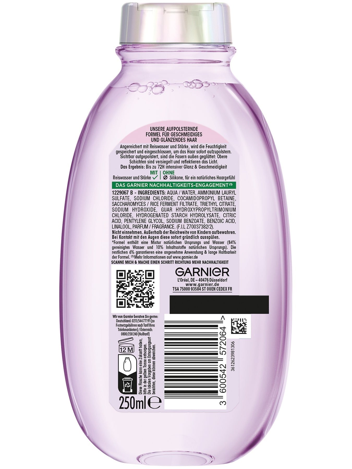 Garnier Wahre Schätze Reiswasser Ritual & Stärke, Glättendes Shampoo, 250 ml - Produkt Rückansicht