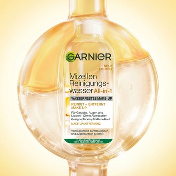 Garnier Mizellen Reinigungswasser All-in-1 für wasserfestes Make-up zur schonenden Make-up-Entfernung für Gesicht, Augen und Lippen.