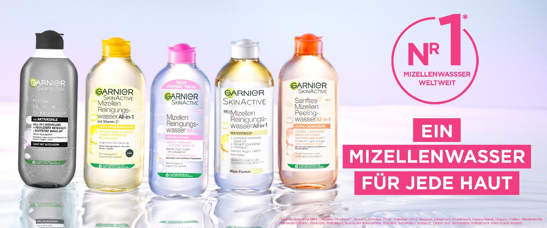 5 Flaschen Garnier Mizellenwasser sind nebeneinander aufgestellt mit Text: „Nr. 1 Mizellenwasser weltweit. Ein Mizellenwasser für jede Haut