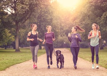 Junge Frauen joggen mit Hund im Park.