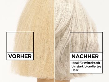Vorher-Nachher-Vergleich von blondem Haar nach einem Glossing mit Anti-Gelbstich-Effekt