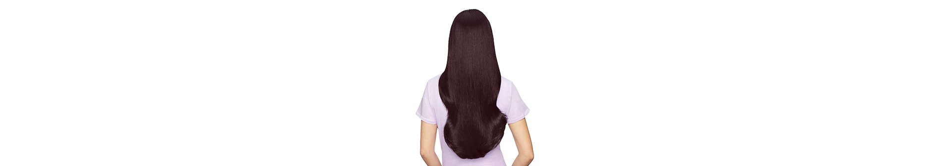 Rückansicht einer Frau mit langen glatten dunkelbraunen Haaren