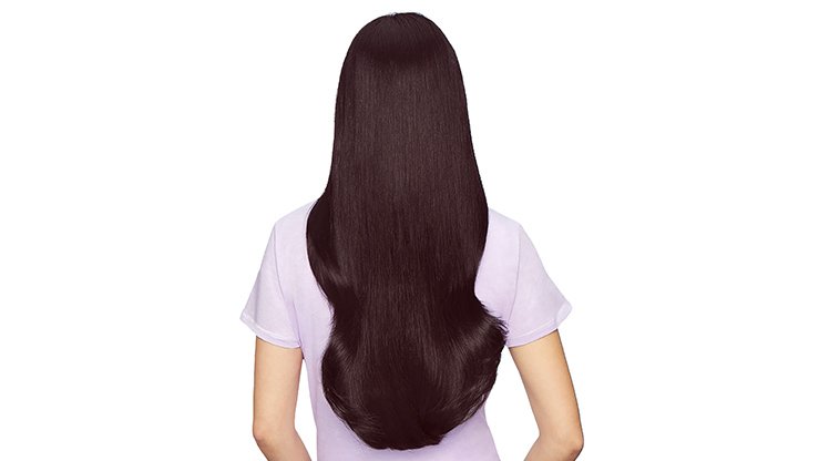 Rückansicht einer Frau mit langen glatten dunkelbraunen Haaren