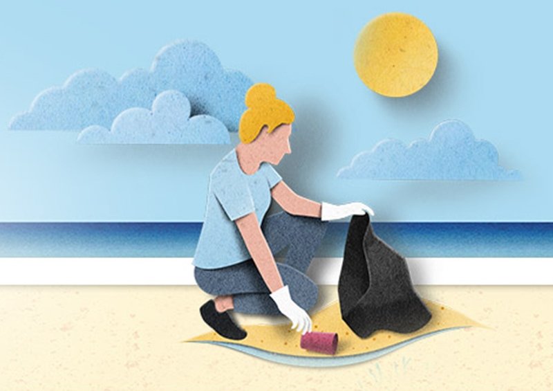 Frau hebt Müll von Strand auf - Pictogramm