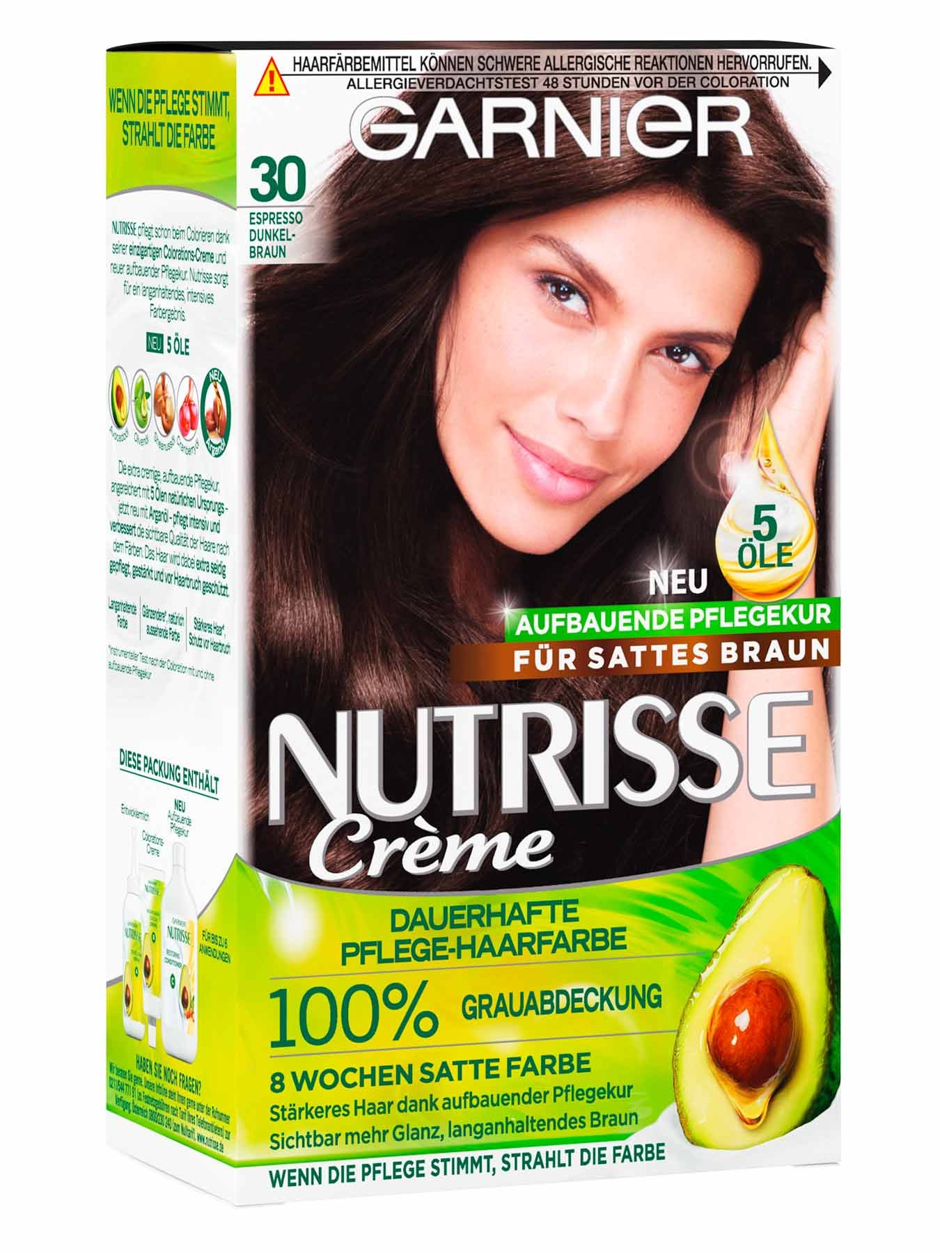Vorderansicht auf die Verpackung der Garnier Nutrisse Creme 30 Espresso Dunkelbraun
