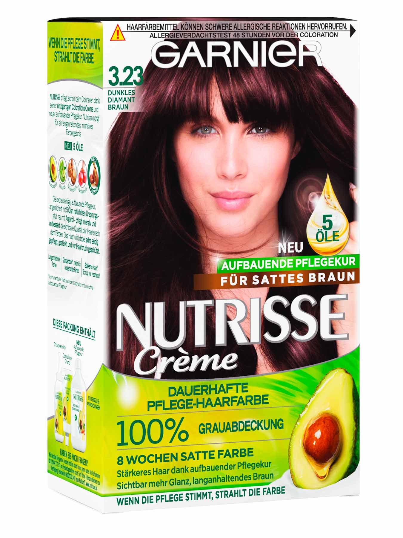 Vorderansicht auf die Verpackung der Garnier Nutrisse Creme 323 Dunkles Diamantbraun