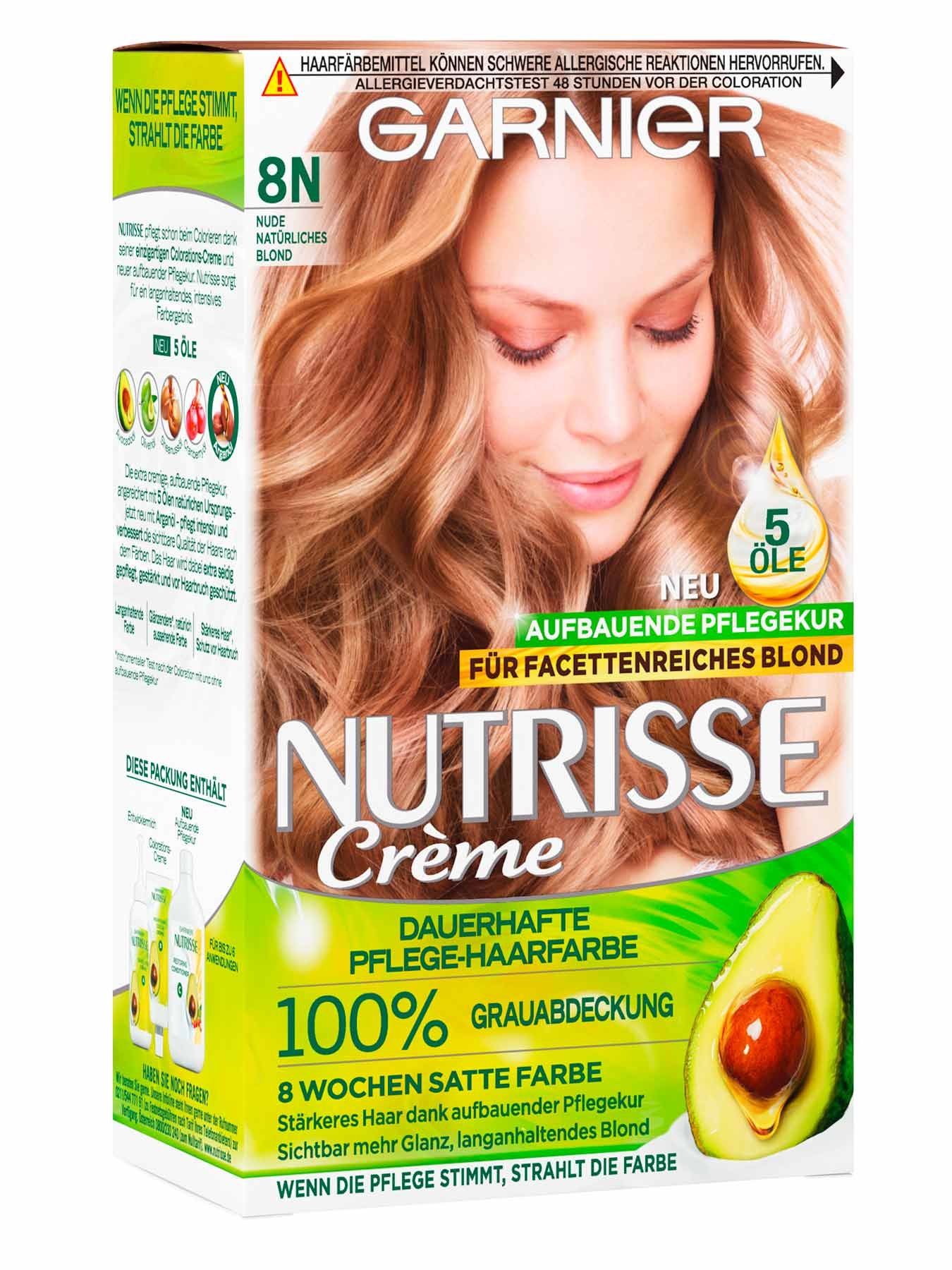 Vorderansicht auf die Verpackung der Garnier Nutrisse Creme 8N Nude Natürliches Blond