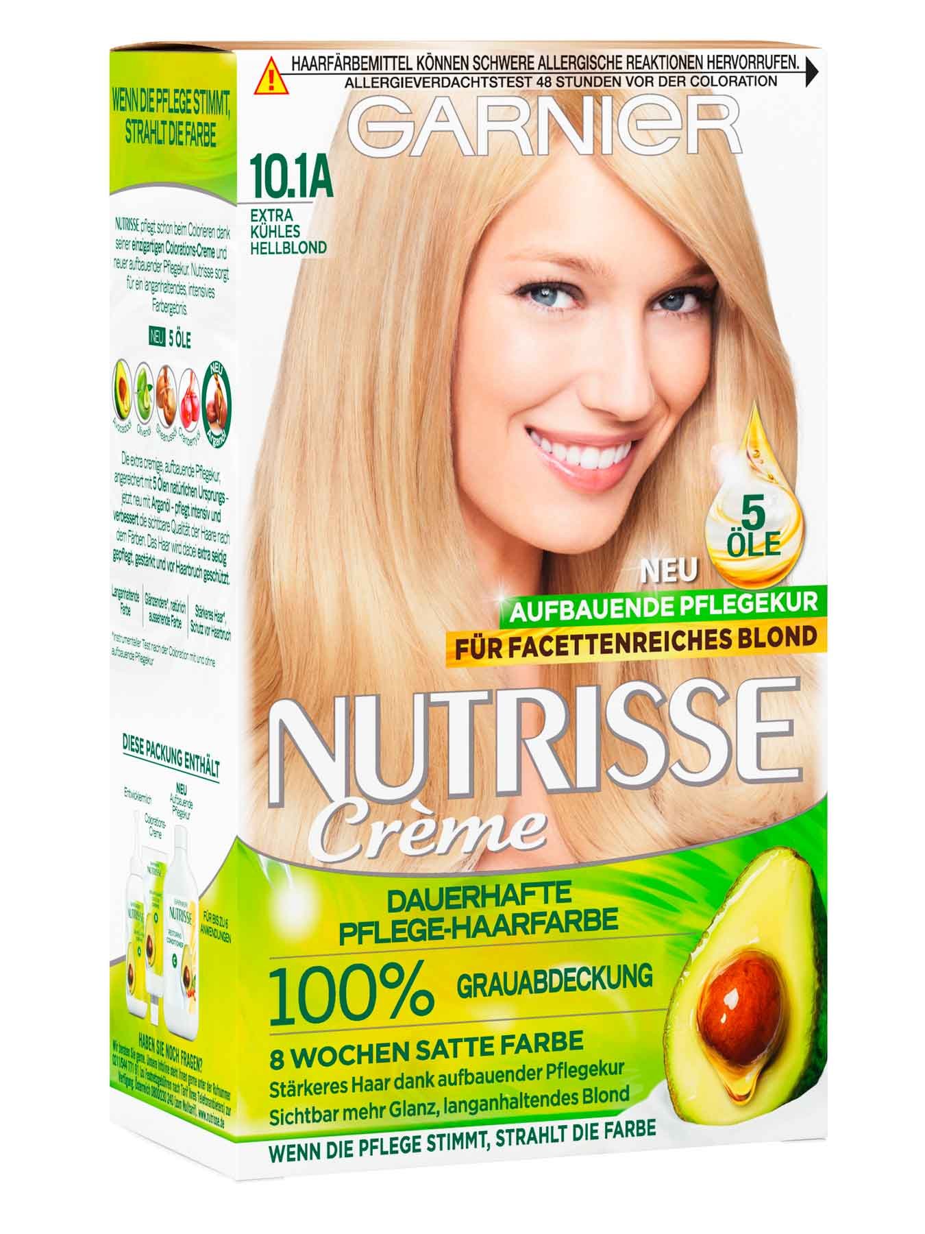 Vorderansicht auf die Verpackung der Garnier Nutrisse Farbsensation 101A Extra kühles Hellblond