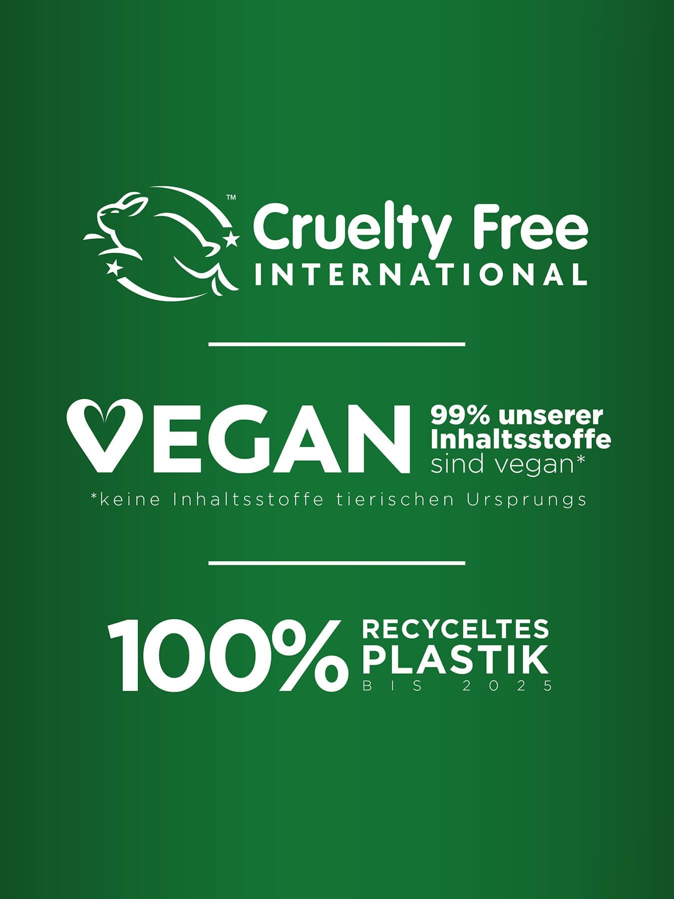 Cruelty Free International, Vegan und 100% recyceltes Plastik - Logos