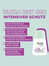 Prduktabbildung Garnier Mineral Ultra Dry Deo mit intensivem Schutz plus Auflistung weiterer Vorteile