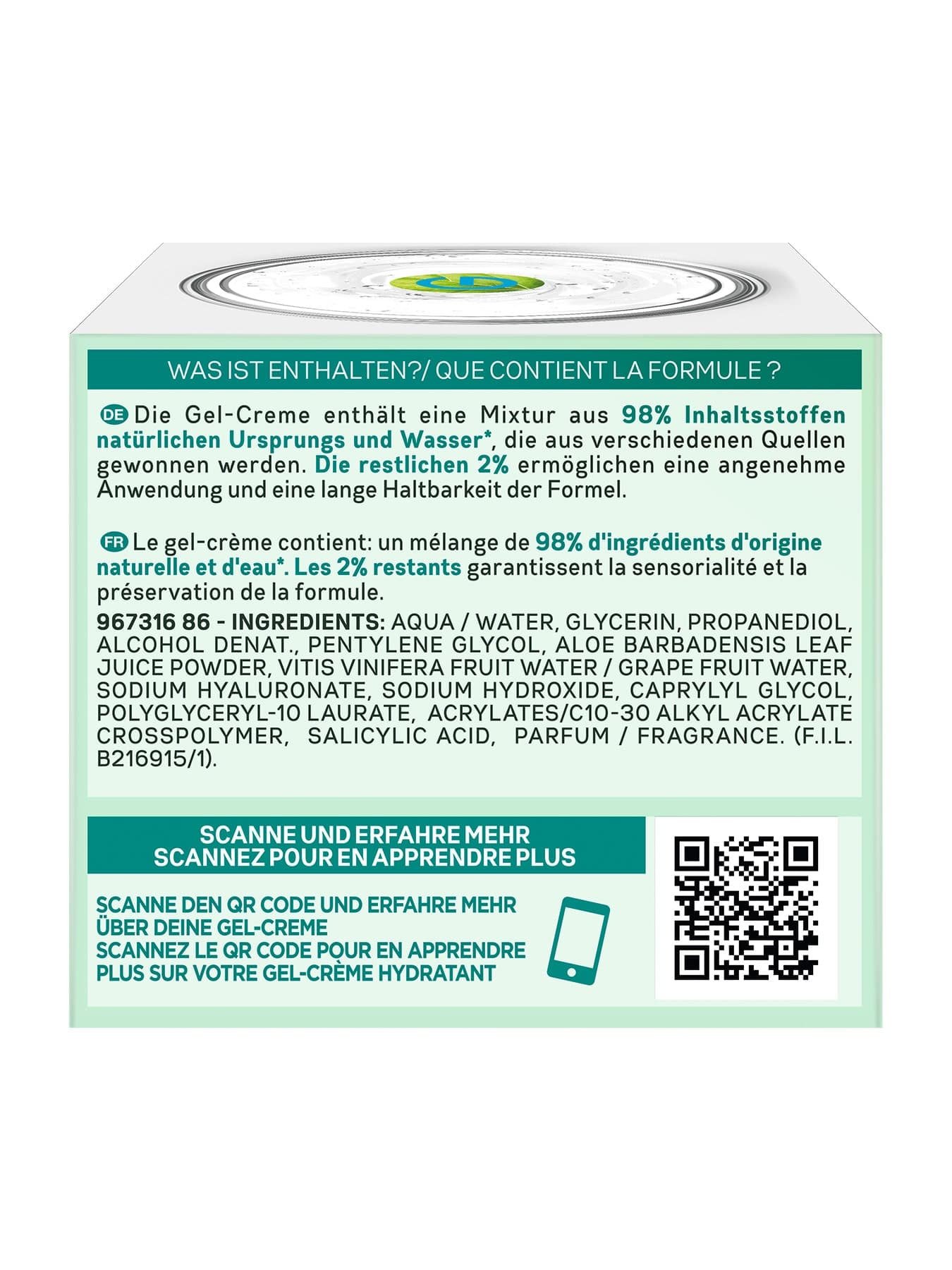 Hyaluron Aloe Gel-Creme Verpackung Links