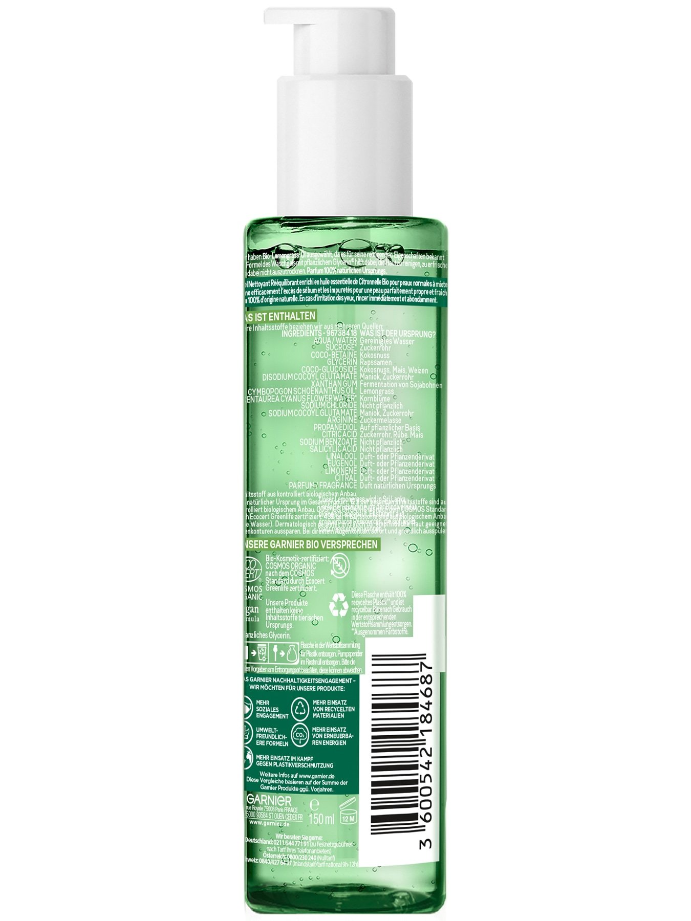 Garnier Bio Lemongrass Belebendes Waschgel - Produkt Rückansicht