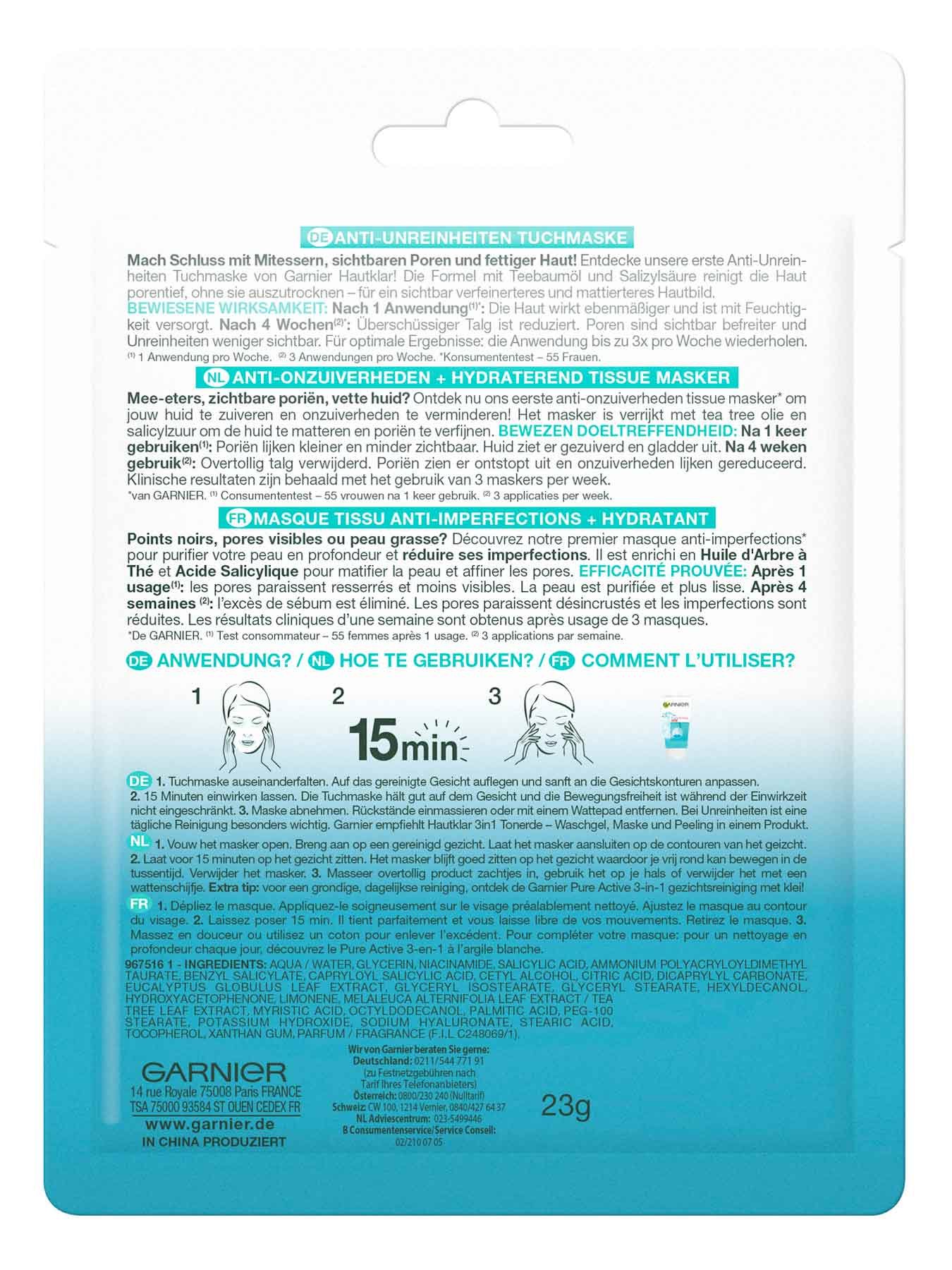 SkinActive HautklarAktiv Anti-Unreinheiten Tuchmaske Produktrückansicht