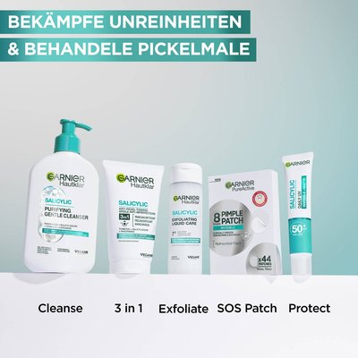 Entdecke jetzt die Garnier Hautklar Salicylic Reihe, inklusive Cleanser, 3in1 Maske, Exfoliating Toner, Pickel Patches und SPF 50+ Fluid!