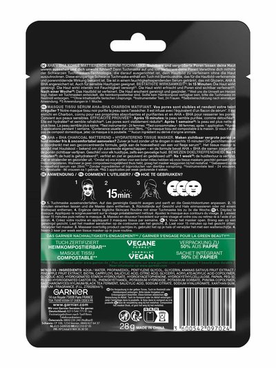 SkinActive AHA + BHA Kohle Mattierende Serum-Maske.- Produkt Rückansicht