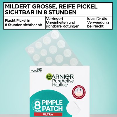 Garnier Hautklar Pimple Patch Ultra Verpackung in dem die Pimple Patches etwas rausschauen. Mildert Pickel sichtbar in nur 8 Stunden.