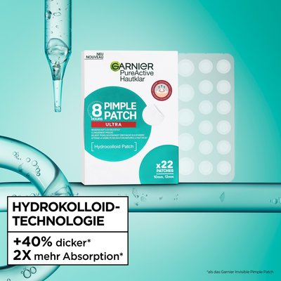 Garnier Hautklar Pimple Patch Ultra in einem wissenschaftlichen, ästhetischen Hintergrund.