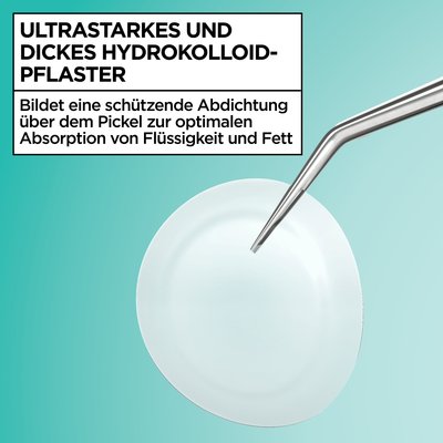 Eine Garnier Hautklar Pimple Patch Ultra Hydrokolloid Pickelpflaster, das von einer Pinzette gehalten wird.