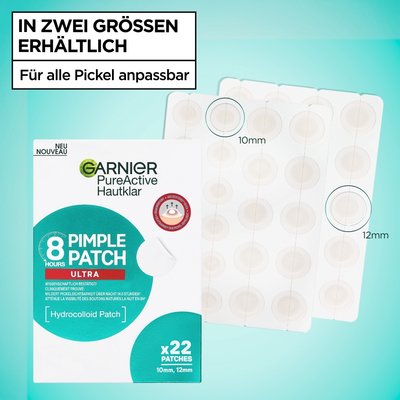 Der Inhalt der Garnier Hautklar Pimple Patch Ultra. Es sind 2x Schichten mit jeweils verschiedenen Pickelpflaster Größen enthalten: 10mm sowie 12mm.