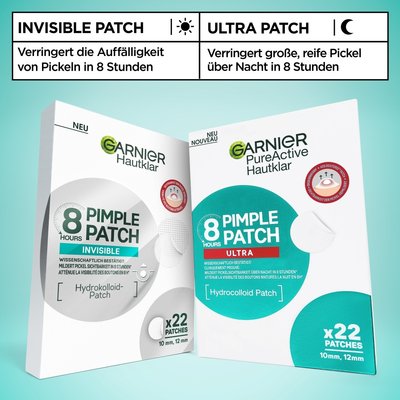 Die zwei Garnier Hautklar Pimple Patch 8H Varianten. Links sieht man die Invisible Patches. Rechts daneben stehen die neuen Garnier Hautklar Pimple Patch Ultra, für größere reife Pickel, die man über Nacht behandelt.