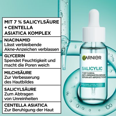 Das Garnier Hautklar Salicylic Anti-Unreinheiten Serum wirkt gegen 6 Anzeichen von Unreinheiten.
