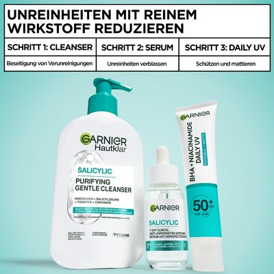 Das Garnier Hautklar Salicylic Anti-Unreinheiten Serum, mit 7% Salicylsäure + Centella Asiatica Komplex! Starker Wirkstoff für starke Ergebnisse.