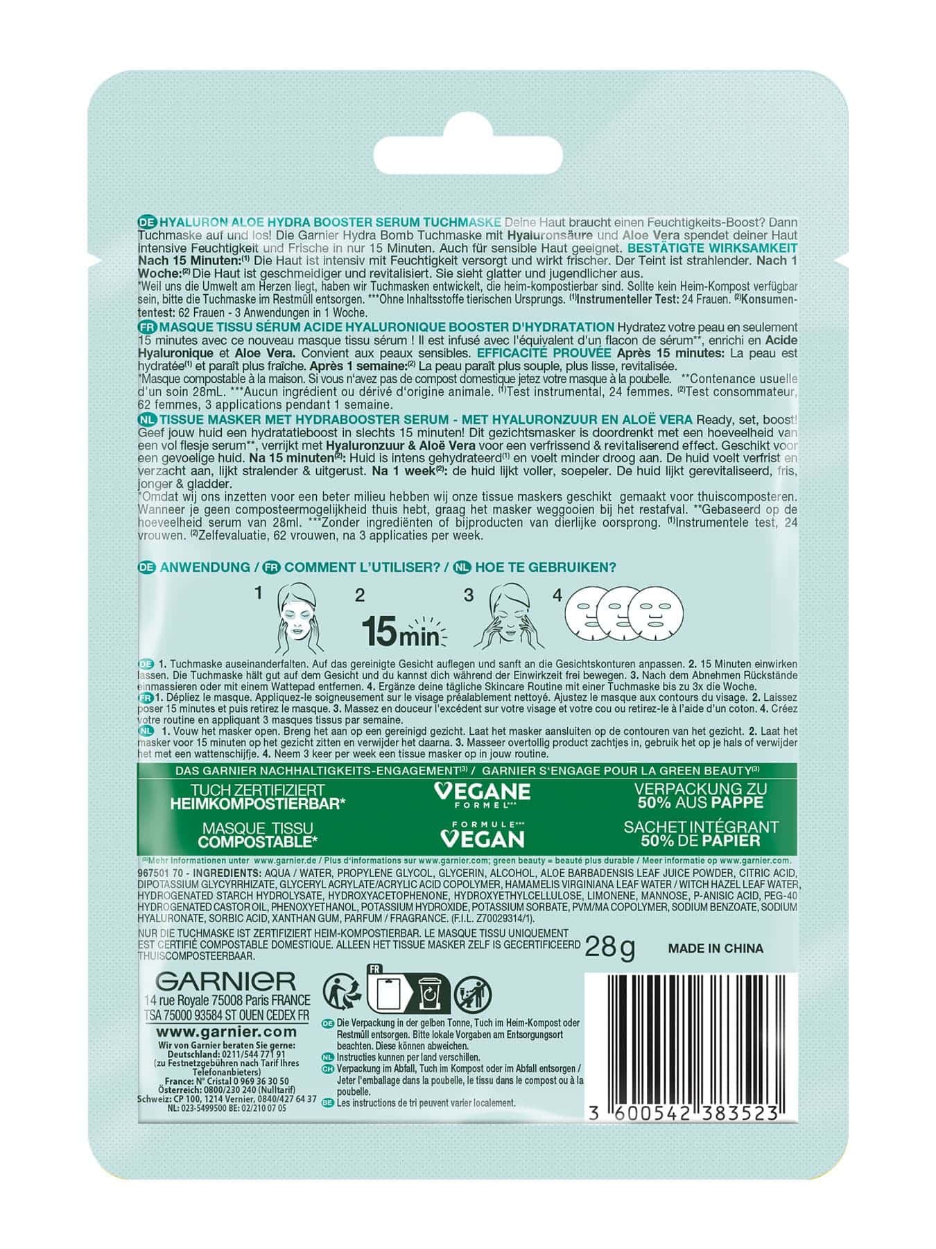 SkinActive Hyaluron Aloe Hydra Booster Serum-Maske Verpackung Hinten