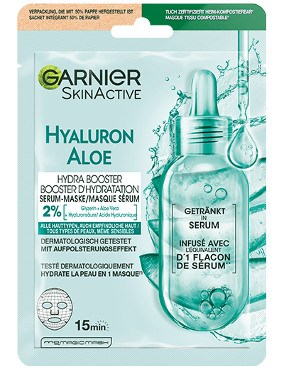 SkinActive Hyaluron Aloe Hydra Booster Serum-Maske Verpackung Packshot