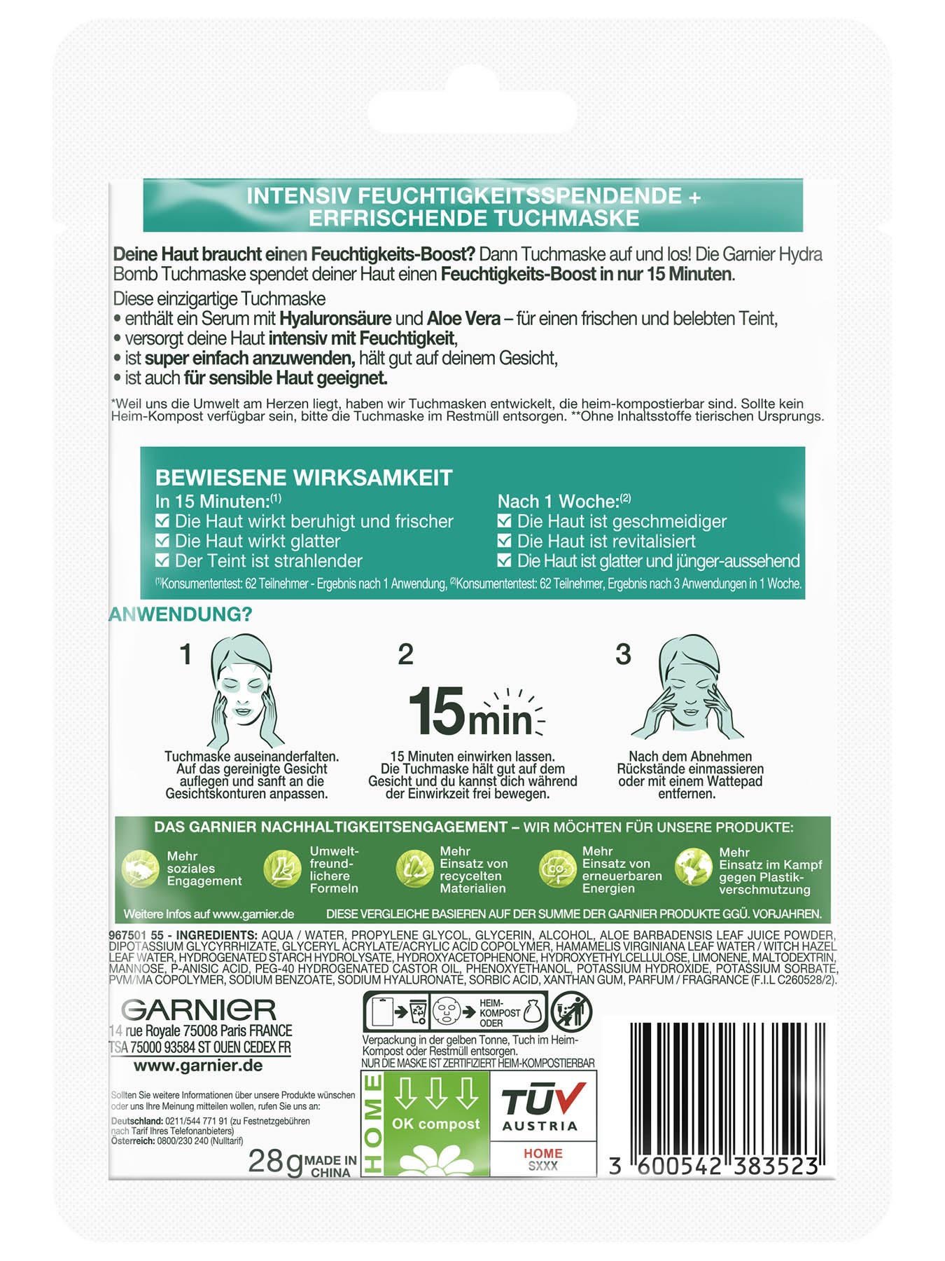 Garnier Hydra Bomb Aloe Tuchmaske - Verpackung Rückseite