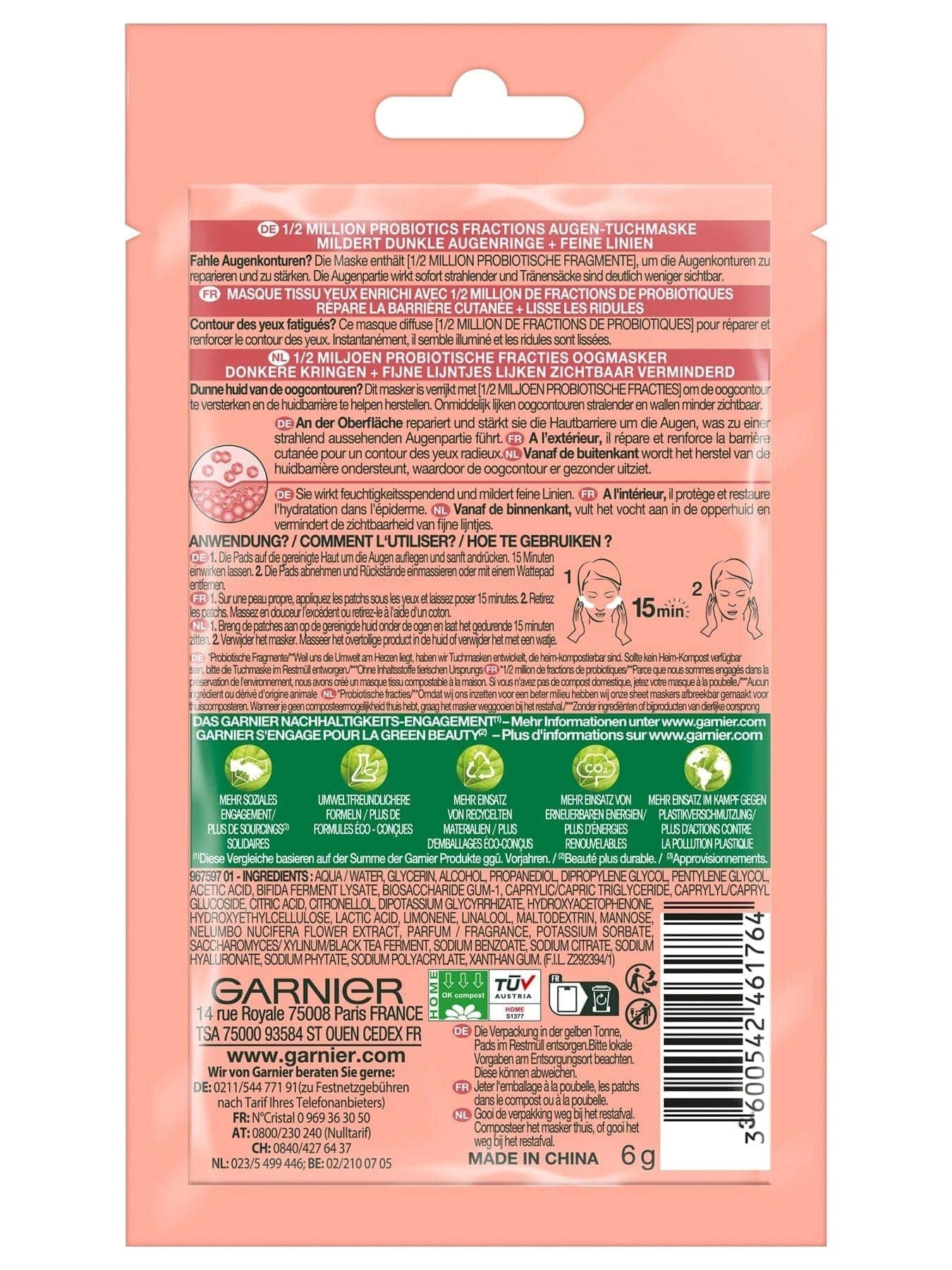 Probiotics Tuchmaske für die Augen Verpackung hinten