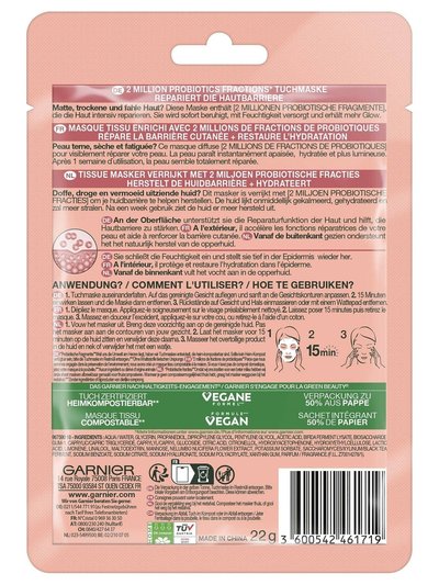 Rueckseite der Garnier Probiotics Tuchmaske