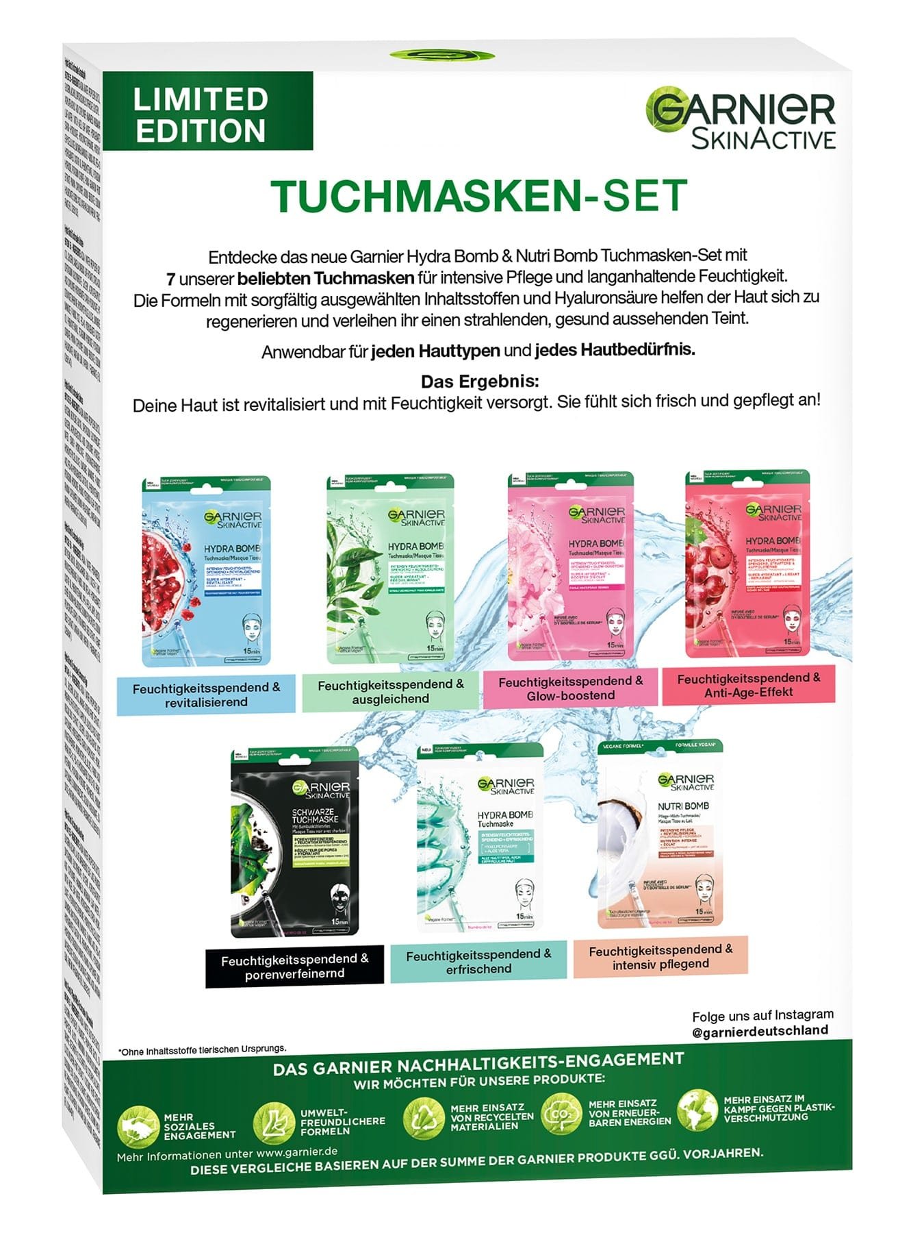 Rueckseite des Kartons des Garnier Tuchmaskensets