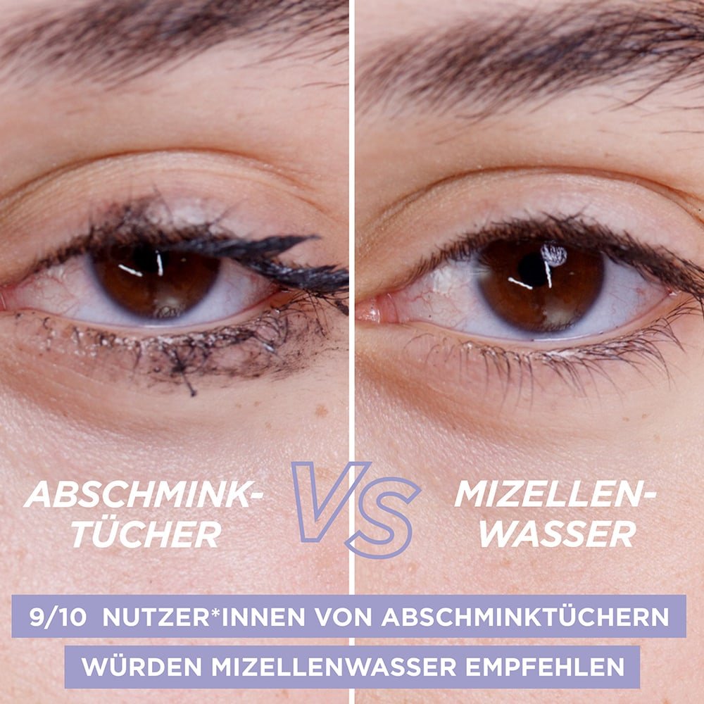 Vergleich Abschminktuch und Mizellenwasser eines geschminkten Auges