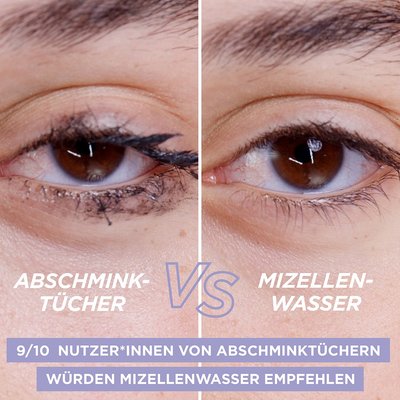 Vergleich Abschminktuch und Mizellenwasser eines geschminkten Auges