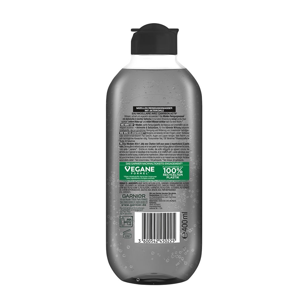 Garnier SkinActive Mizellen Reinigungswasser mit Aktivkohle in Geltextur Rückseite