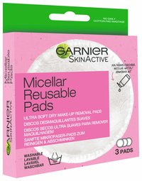 Verpackung der Garnier SkinActive Micellar Reusable Pads (3 Stück) in Rosa und Grün mit dem Hinweis auf wiederverwendbare Mikrofasertücher zur Make-up-Entfernung.