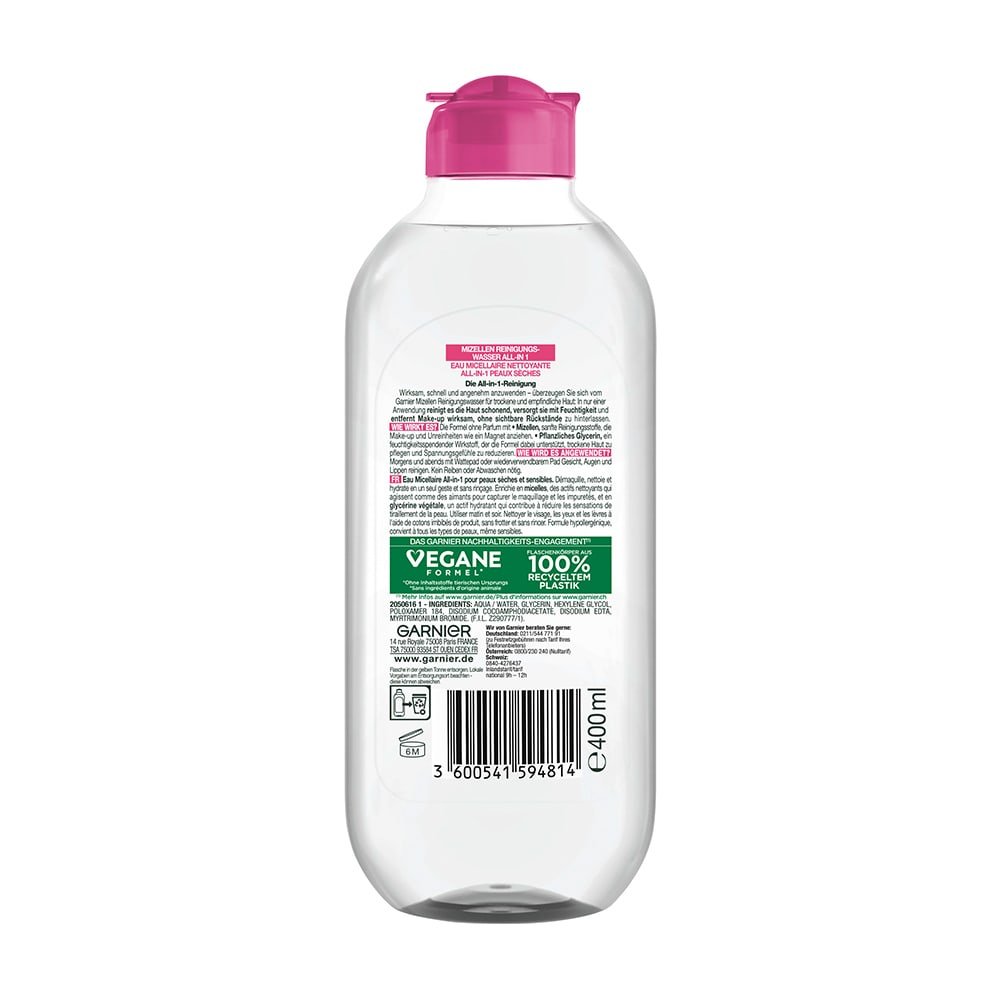 Garnier Mizellen Reinigungswasser für trockene, empfindliche Haut Rückseite