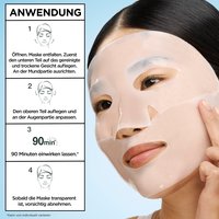 Eine Frau trägt die weiße Garnier Hydrogel-Gesichtsmaske auf, während links eine illustrierte Schritt-für-Schritt-Anleitung für die Anwendung zu sehen ist.
