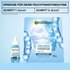 Darstellung der Feuchtigkeitsroutine mit Schritt 1 (Serum-Fläschchen) und Schritt 2 (Garnier Hyaluron Hydrogel Maske) auf hellblauem Hintergrund.
