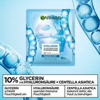 Produktverpackung der Garnier Hydrogel Maske im Zentrum, umgeben von flüssigen Wirkstoff- und Glycerin-Elementen sowie einer Infotabelle zu den Inhaltsstoffen.