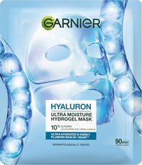 Produktverpackung der Garnier Hyaluron Ultra Moisture Hydrogel Mask in hellblauer Optik mit sichtbarer Hydrogel-Gesichtsmaske und Wassertropfen-Elementen.
