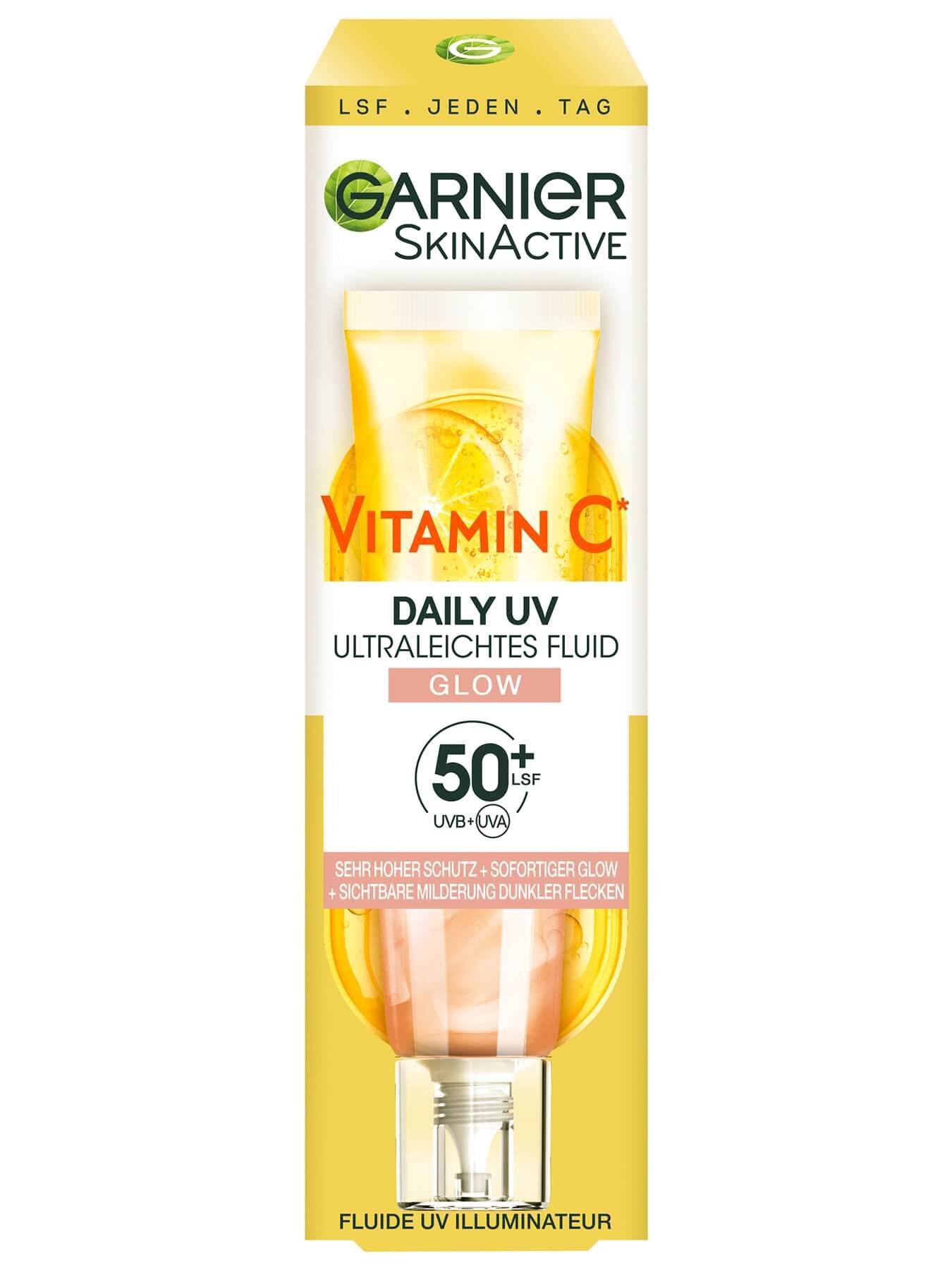 SkinActive Vitamin C Tägliches Sonnenfluid Glow mit LSF 50+ Verpackungsbild