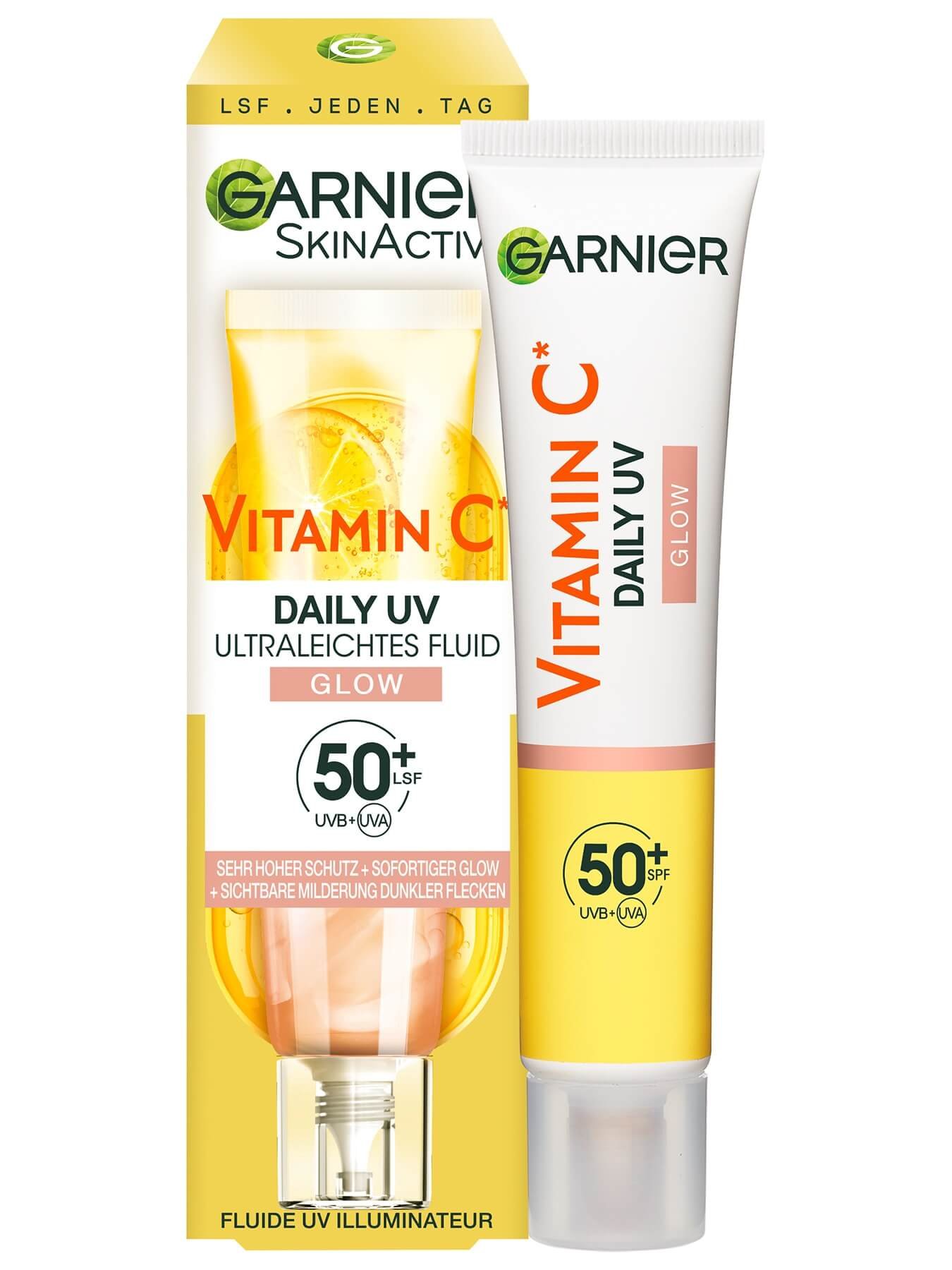SkinActive Vitamin C Tägliches Sonnenfluid Glow mit LSF 50+ Verpackungsbild und Produkt