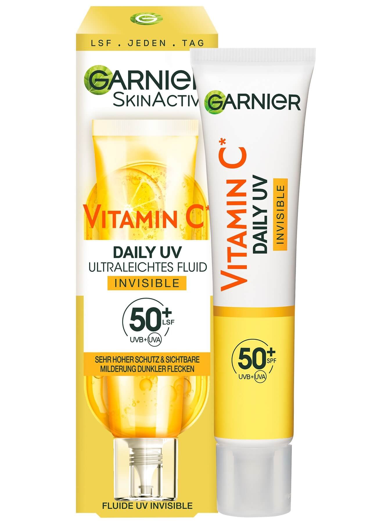 SkinActive Vitamin C Tägliches Sonnenfluid Invisible mit LSF 50+ Verpackungsbild und Produkt