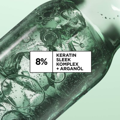Nahaufnahme des Inhaltsstoffs Keratin. Das Garnier Fructis Diamond Sleek Shine-Coat Glättigungsspray enthält 8% Keratin Sleek Komplex und Arganöl!