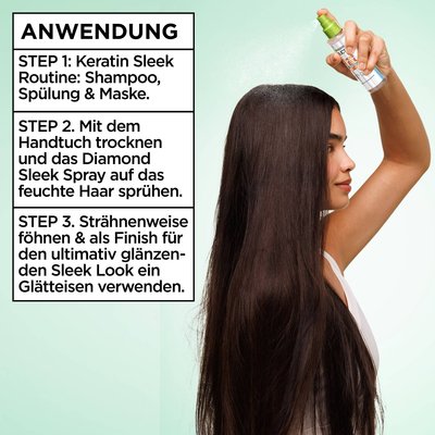 Ein junges, weibliches Model mit langen dunkelbraunen Haaren hält das Garnier Fructis Diamond Sleek Shine-Coat Glättigungsspray über ihren Kopf, während sie es sprühend anwendet. Die anwedung erfolgt am Besten in der Keratin Sleek Serienroutine. Das Produkt auf handtuch trockenem Haar auftragen und strähnenweise föhnen, für einen ultimative diamantglanz Finish!