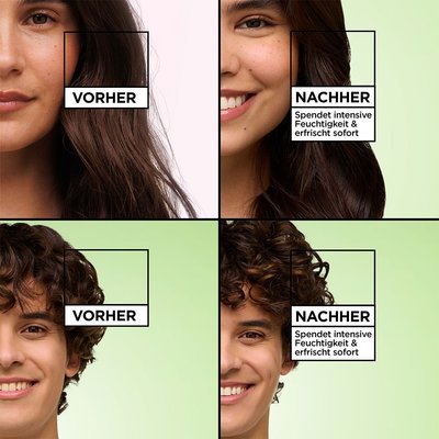 Vorher Nachher Bild nach Anwendung des Fructis Multi-Use Haarmaske Kiwi Menthol Hair Food