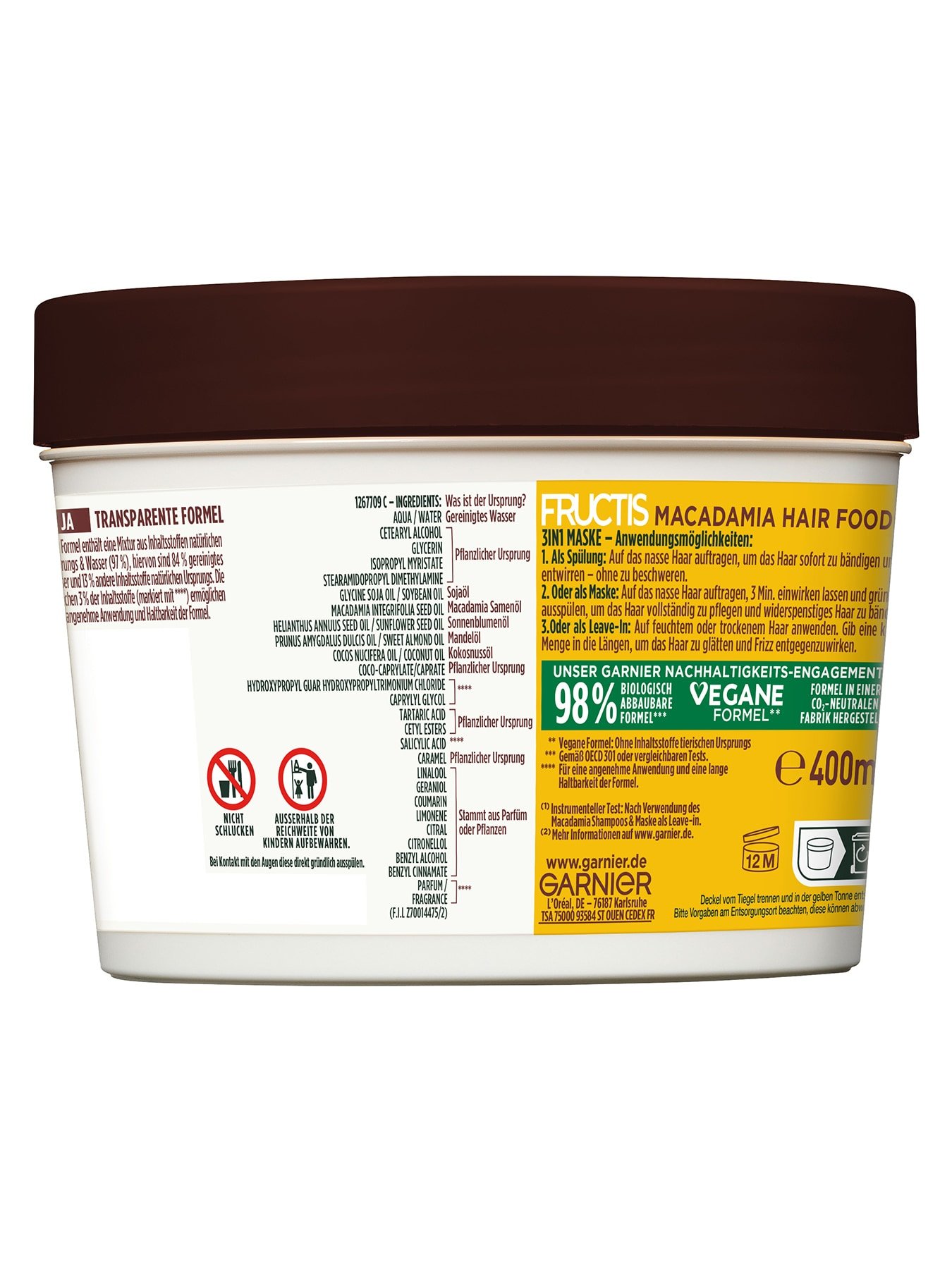 Fructis 3in1 Maske fuer trockenes Haar angereichert mit Macadamia - Produkt Rückansicht