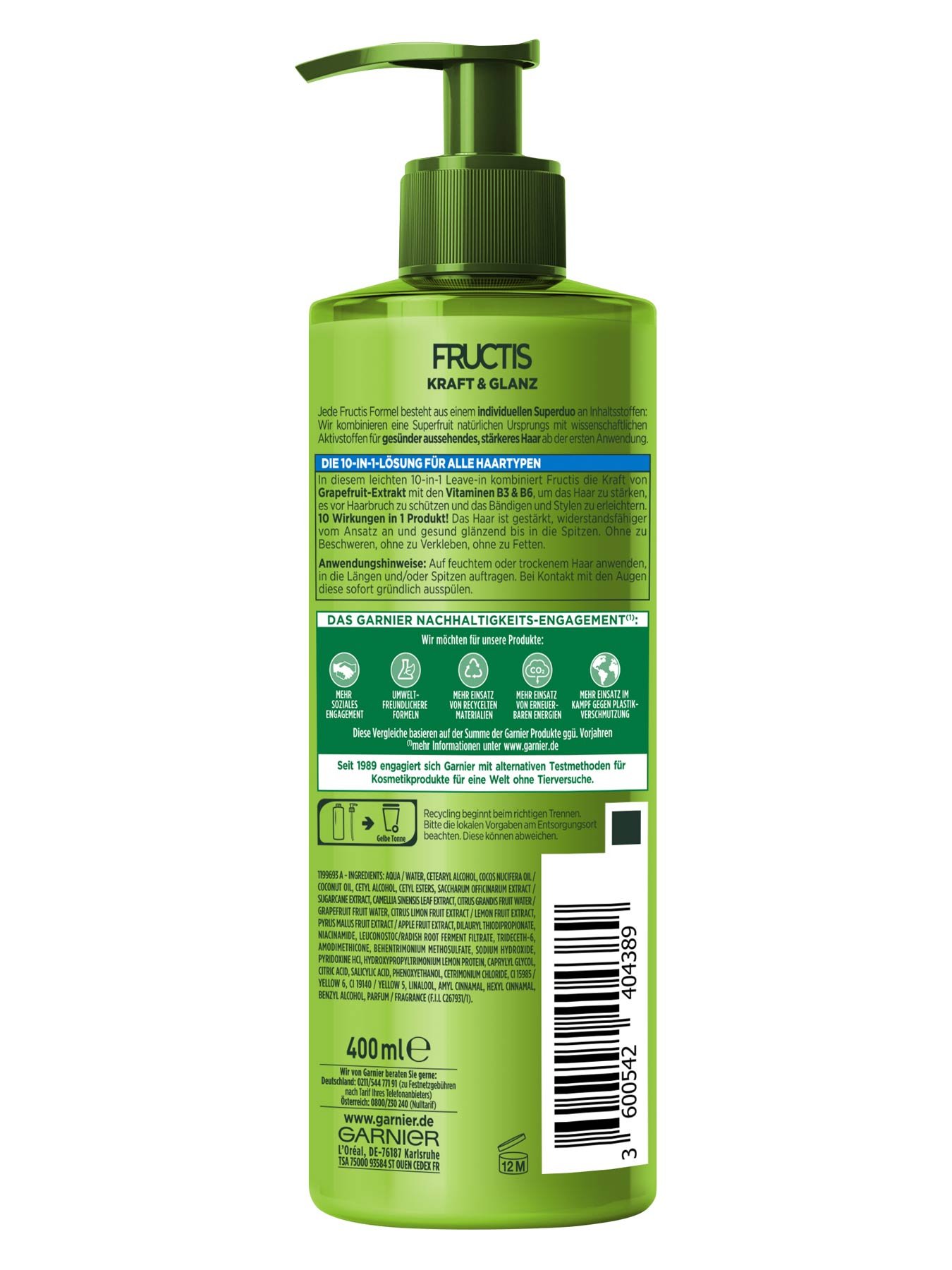 Garnier Fructis Kraft & Glanz 10-in-1 Leave-In Produktabbildung Rückansicht
