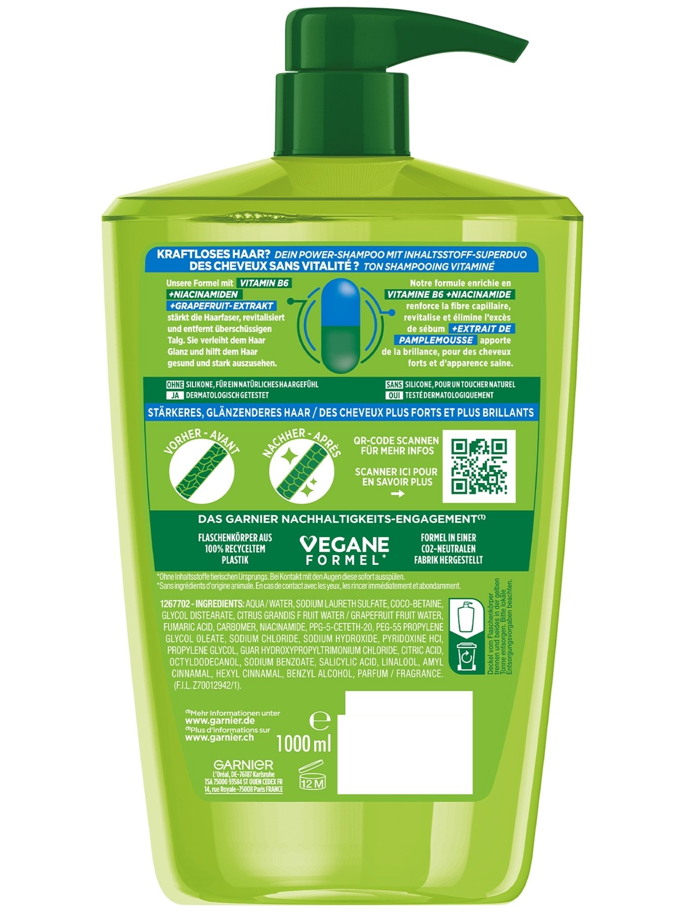 Fructis Kraft & Glanz Shampoo XXL 1000ml - Produkt Rückansicht